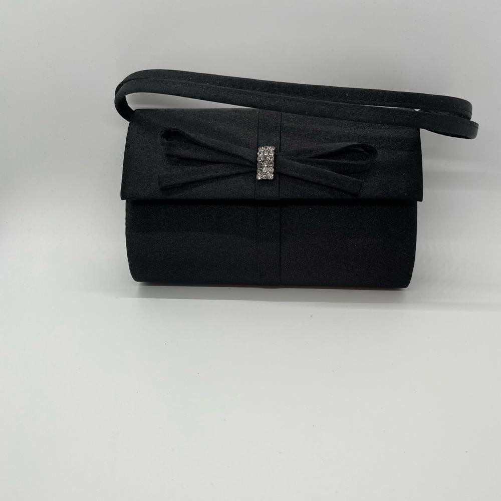 Black Satin Small Clutch with Bow and Rhinestone Accent